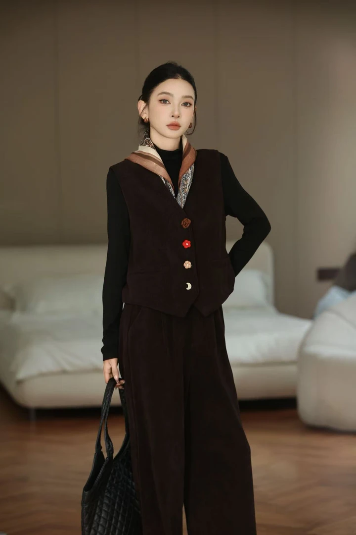 YBS 2520新款高质V领加厚撞色花朵马甲阔腿裤丝巾套装