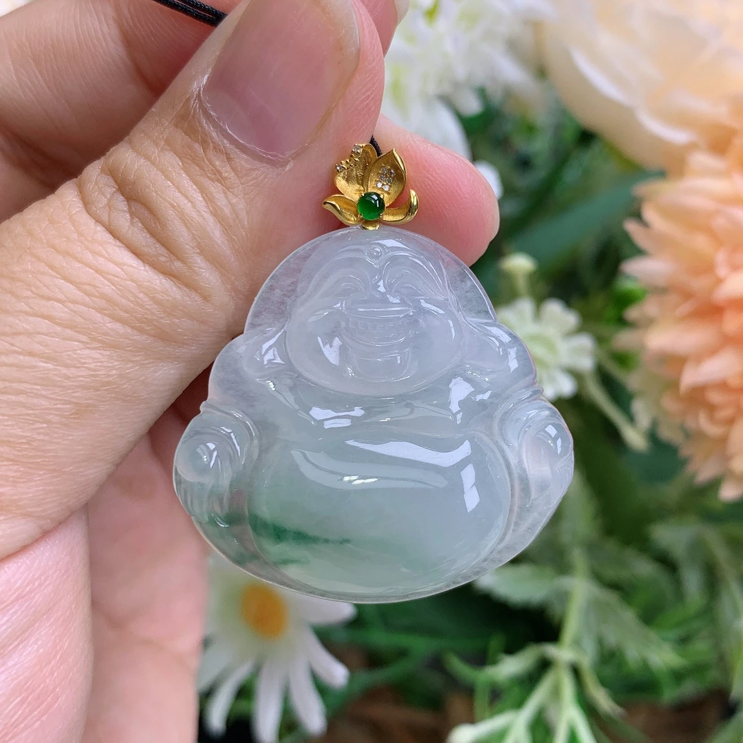 缅甸天然翡翠A货18k冰胶飘花佛公吊坠凯尺寸30.4×32.9×6.3mm