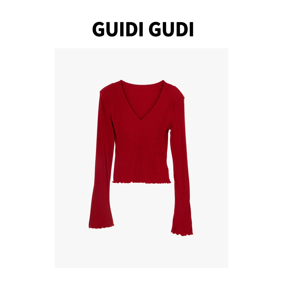 GUIDI GUDI【晚霞】气质休闲百搭V领长袖上衣T恤 T9430204H