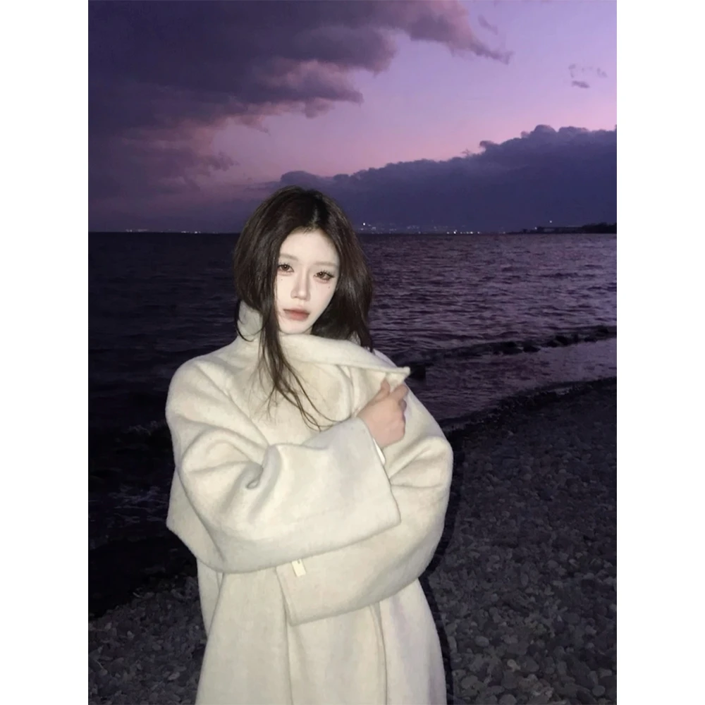 慵懒感100全羊毛大翻领长款双面羊毛大衣手工女秋冬季垂感外套