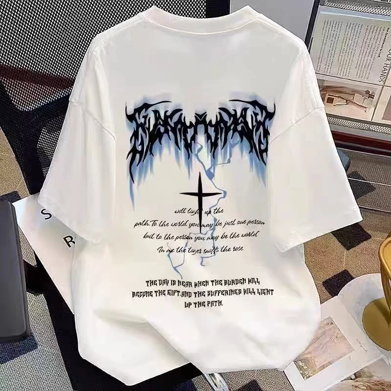 美式潮牌2025年纯棉短袖T恤男女情侣高街宽松休闲男生衣服高级感