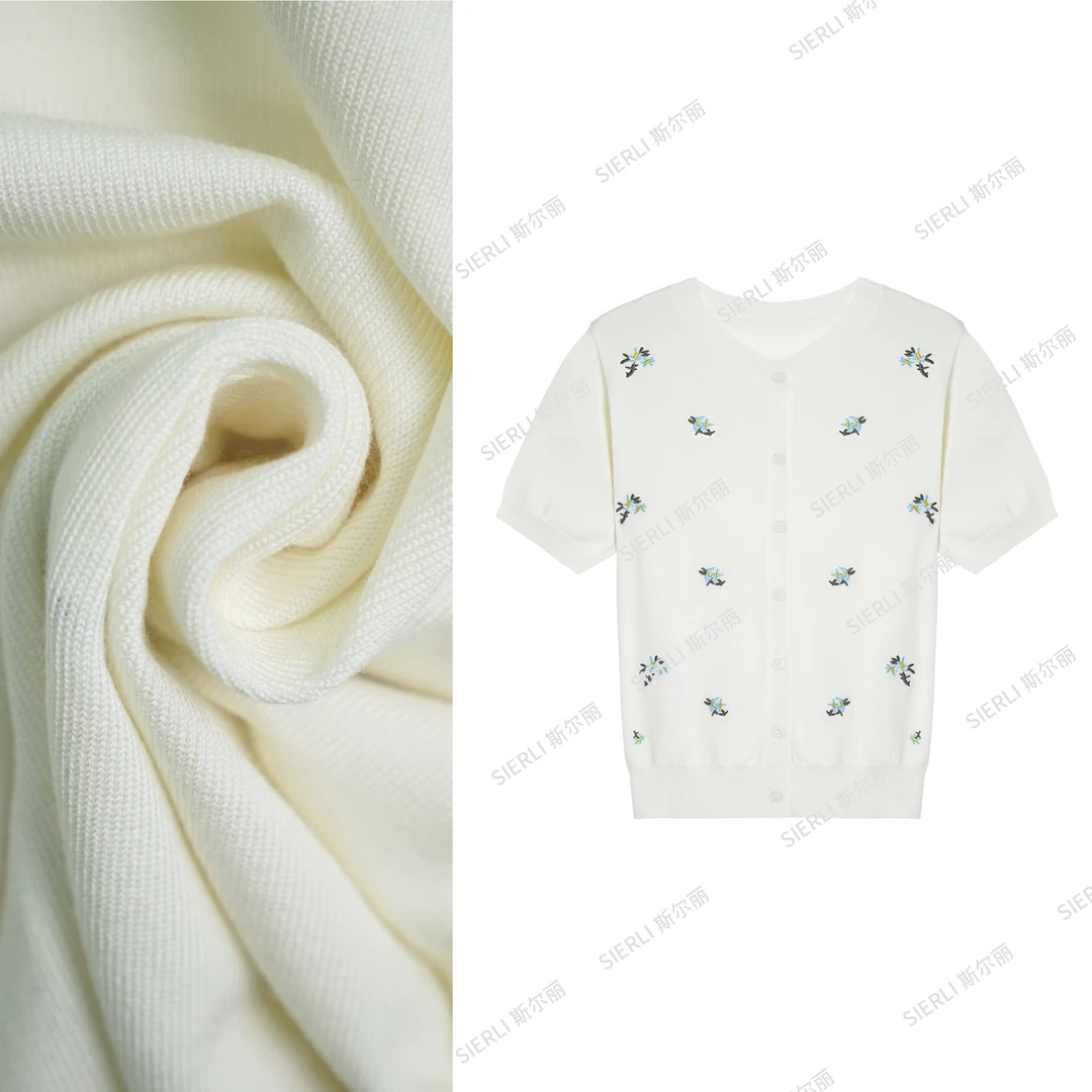 斯尔丽圆领开衫短袖刺绣气质减龄透气弹力休闲针织衫夏季D280