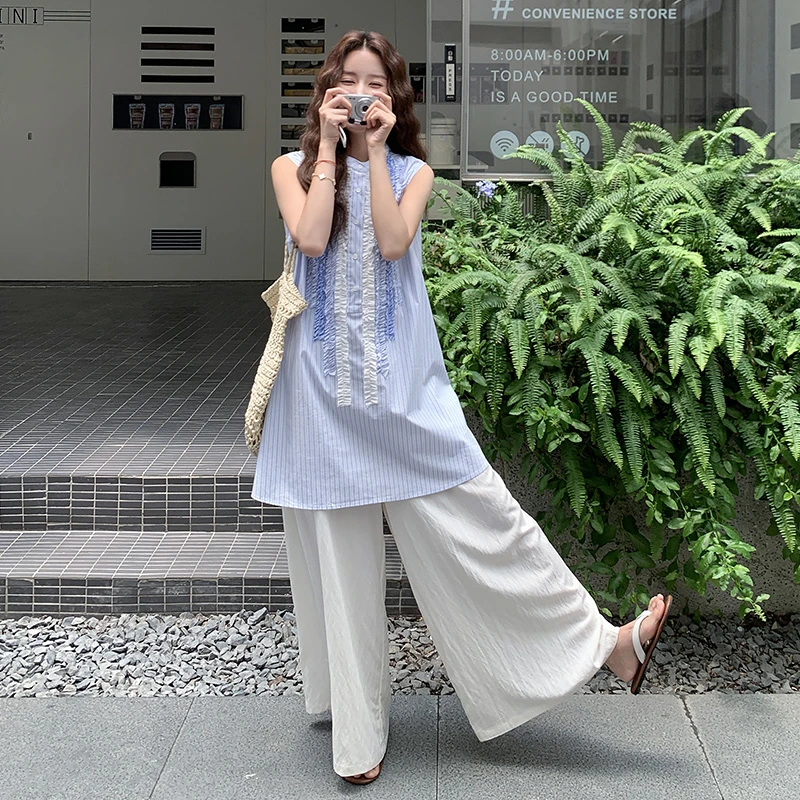 法式蓝色条纹衬衫套装女夏日减龄穿搭独特漂亮蕾丝阔腿裤两件套