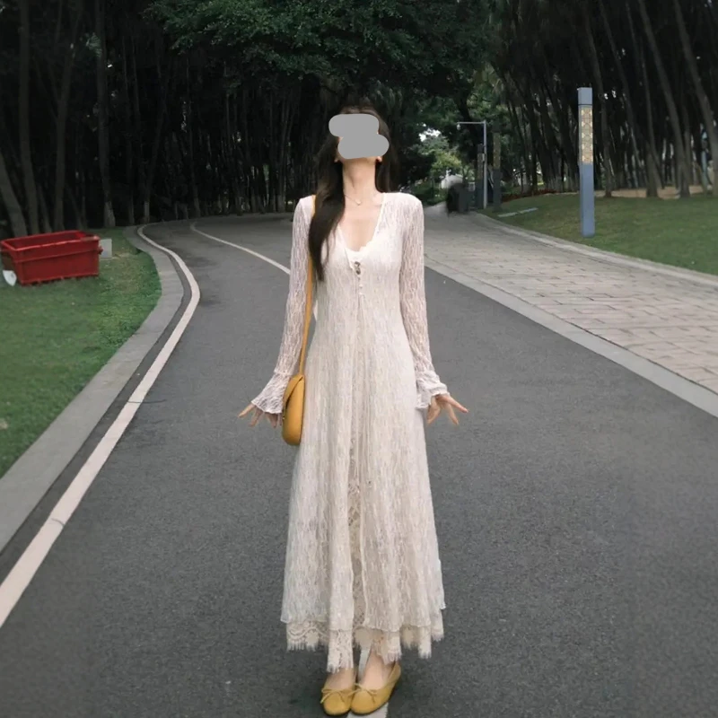 2025春夏新款温柔风甜美减龄长款针织开衫蕾丝吊带连衣裙两件套装