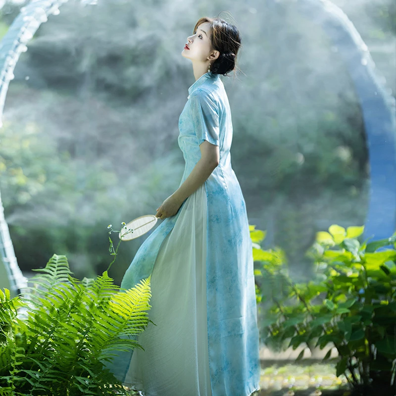 【天青古语】 中式复古偏襟旗袍侧开叉雪纺印花半裙女2025夏套装