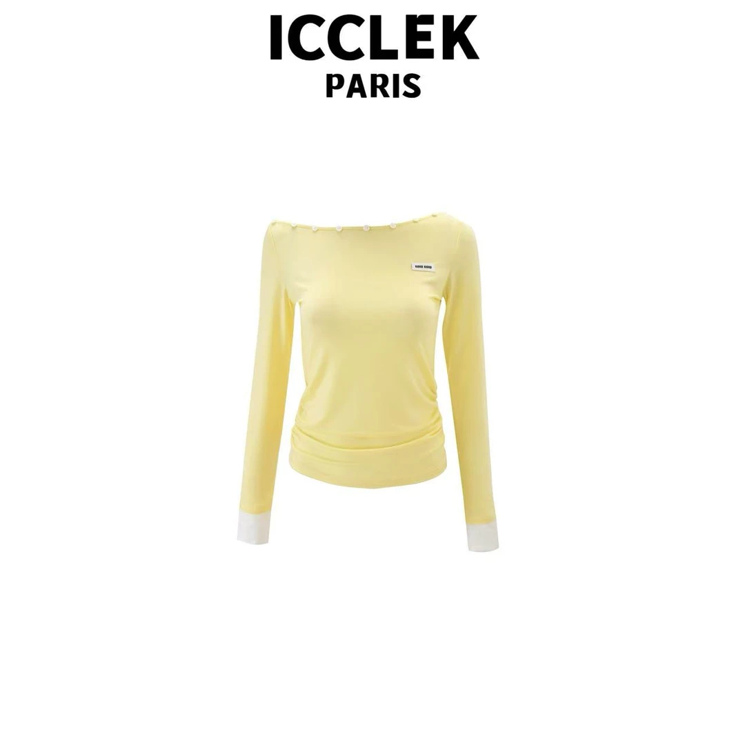 ICCLEK 淡黄色斜肩长袖气质轻奢名媛秋冬百搭简约打底  - 9075