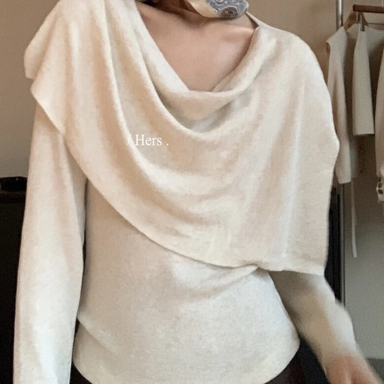 韩系复古气质荡领披肩两件套长袖t恤女秋季设计感修身松弛感上衣