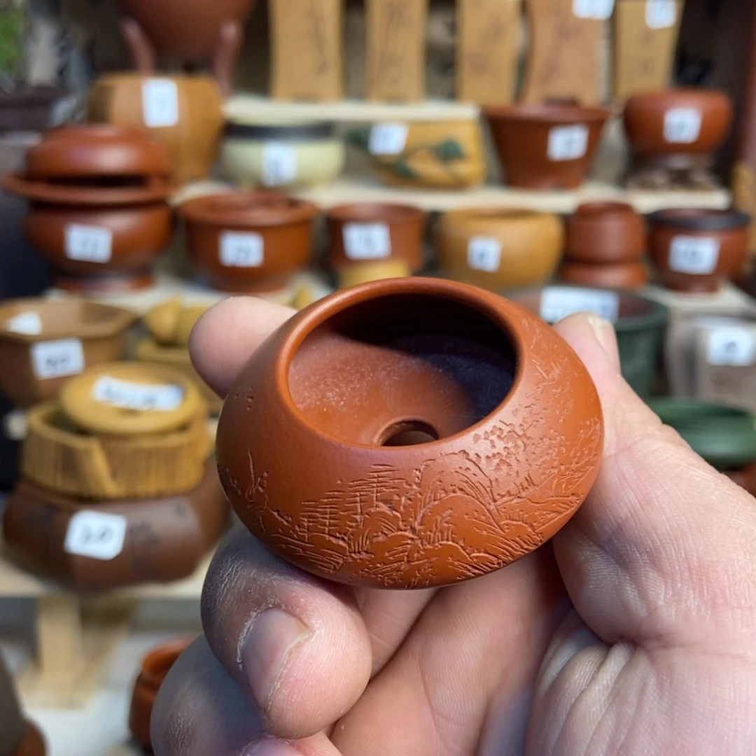 紫砂花盆孙伟手拉胚带刻绘，内口经尺寸3×1.5