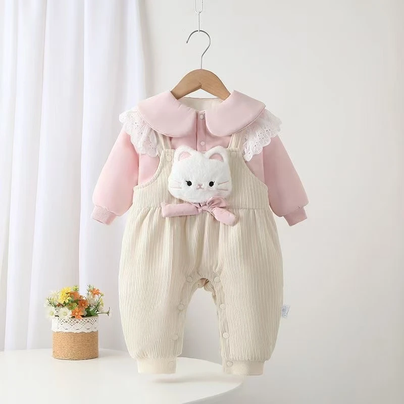婴儿衣服秋冬超萌夹棉连体衣宝宝加绒背带裤保暖套装外出哈衣