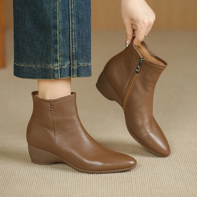 轩玥情女鞋4.5cm坡跟头层羊皮小短靴单靴秋冬加绒真皮靴子及踝靴