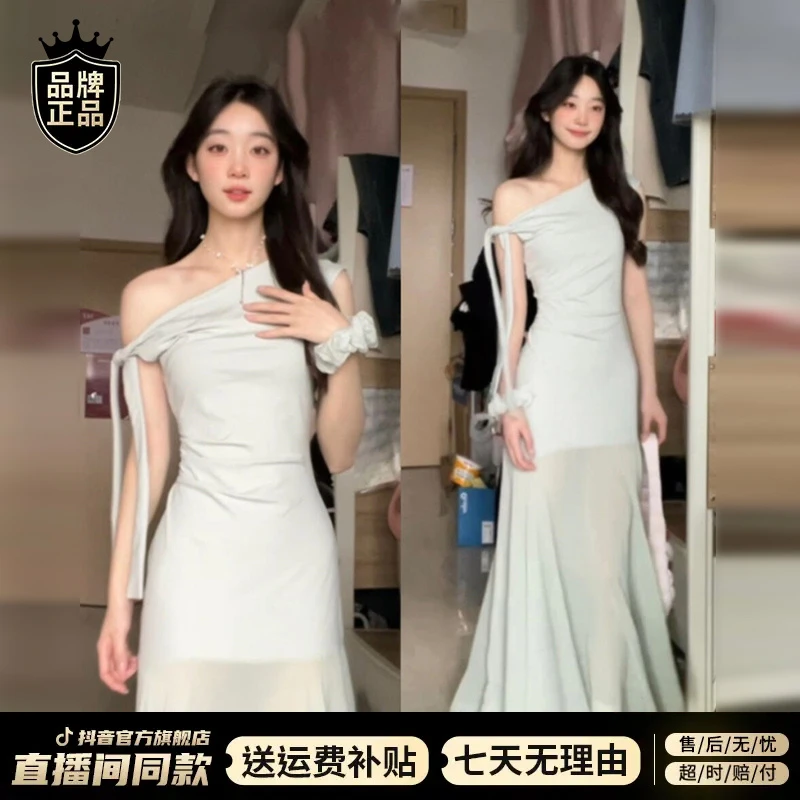 绿色露肩网纱连衣裙子女装夏季2025新款法式气质轻奢收腰包臀长裙