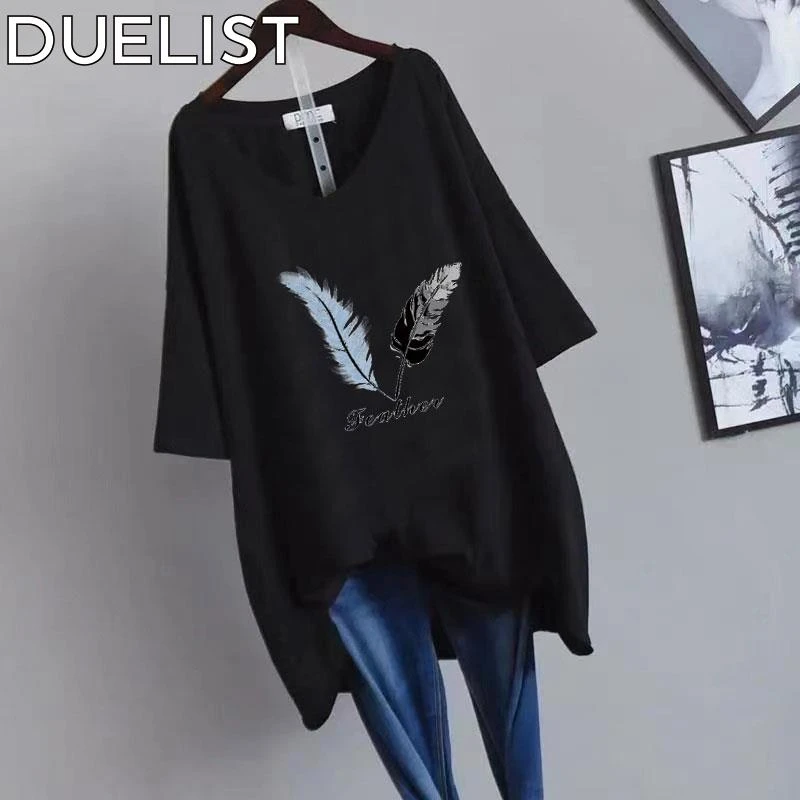 DUELIST黑色大码短袖恤女装夏季新款胖中长款宽松显瘦遮肚领上衣