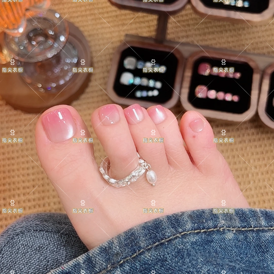 【蜜桃啵啵】纯手工脚甲蜜桃粉猫眼夏季新款穿戴甲14片