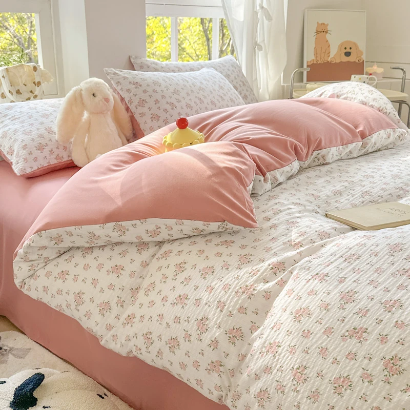小清新有氧提花四件套碎花床单被套床笠亲肤学生宿舍三件套双层纱
