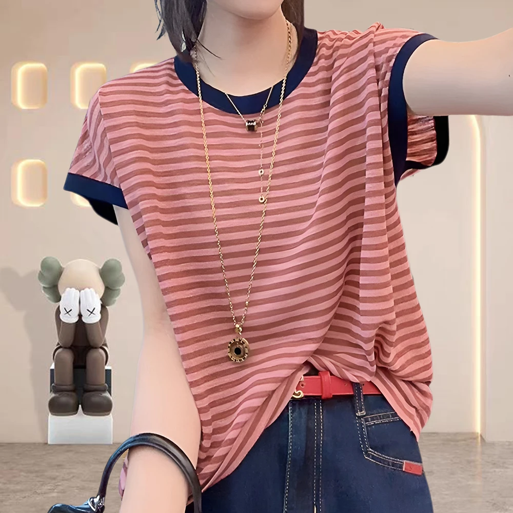 纯棉条纹t恤女夏季新款百搭休闲时尚宽松显瘦韩版圆领设计感短袖