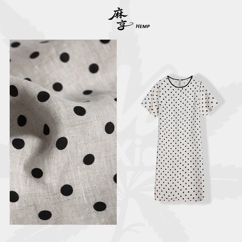 【小禾同款】100%汉麻波点连衣裙印花圆领短袖长裙夏季宽松FSY50563