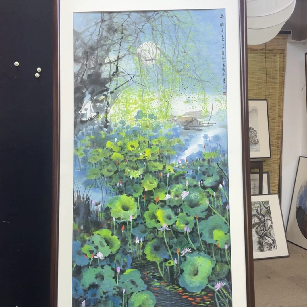国画手绘国画，荷塘月色，带框包邮