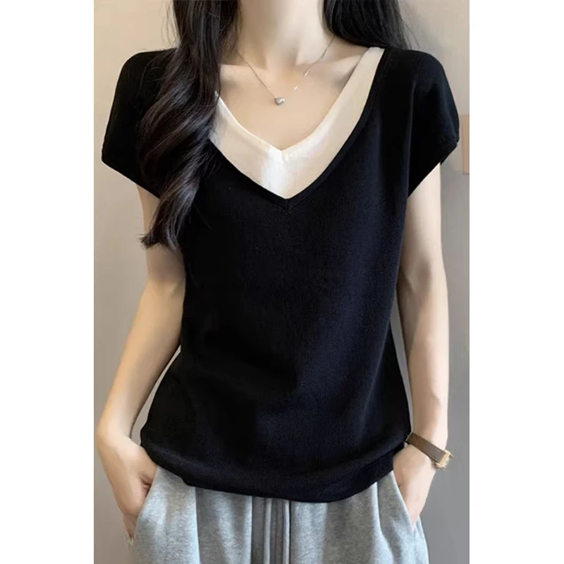 大码假两件正肩冰丝短袖t恤女夏季胖mm遮肚子洋气v领针织上衣