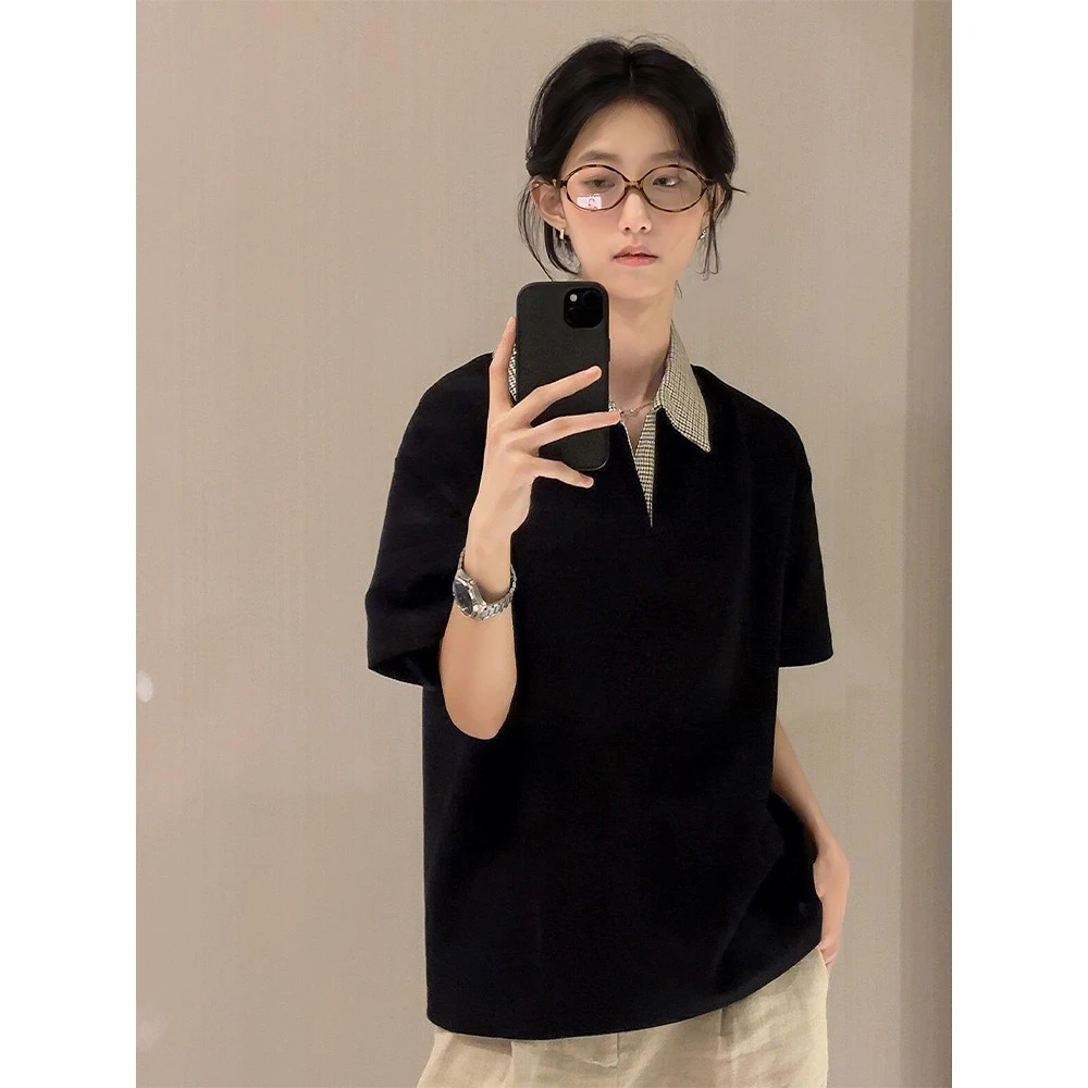 千鸟格拼接polo衫短袖男款夏季老钱风正肩翻领t恤cleanfit半截袖