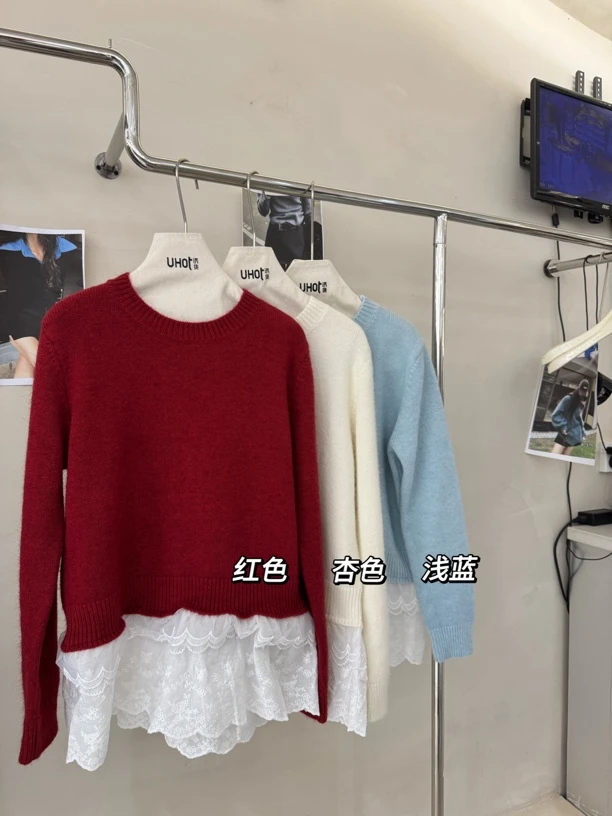 韩系设计感毛衣拼接蕾丝
