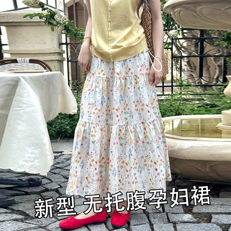 孕妇装2025无托腹小碎花半身裙夏季宽松显瘦百搭中长款a字伞裙子