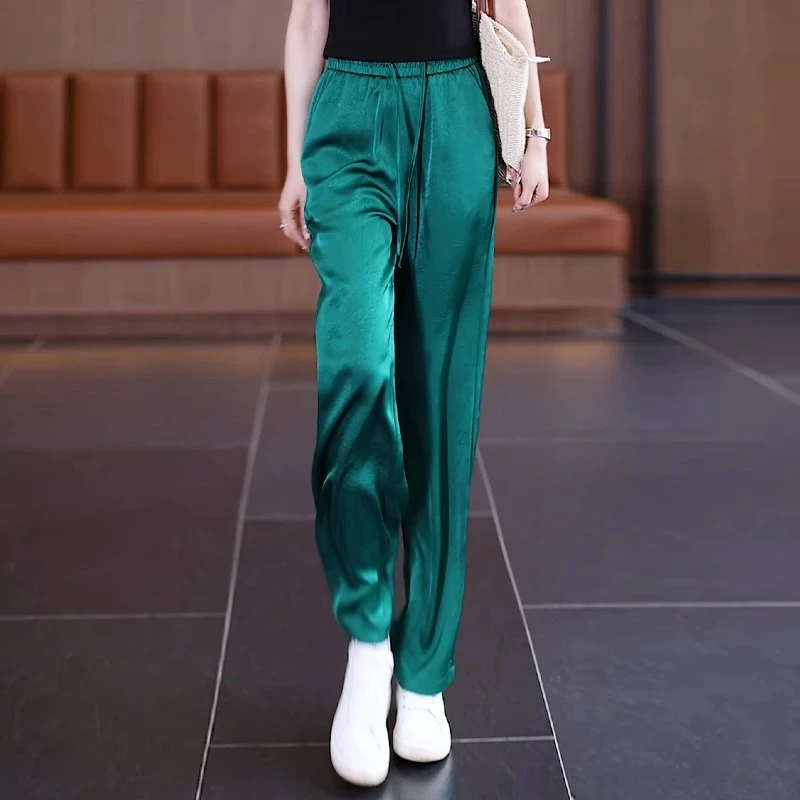 绿色窄版冰丝阔腿裤女夏季薄款2025新款高腰垂感爆款休闲直筒裤子