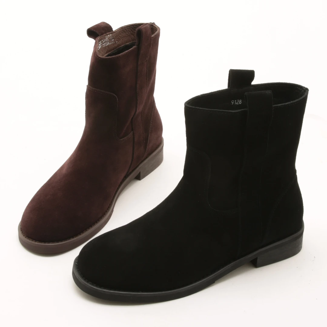 5655冬季新款极简风真皮圆头粗跟短靴女一脚蹬复古潮切尔西棉靴