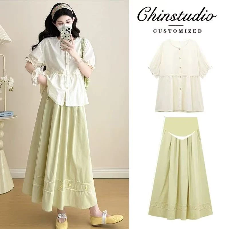 孕妇夏季套装2025新款短袖上衣娃娃衫半身裙小清新孕妈高级穿搭