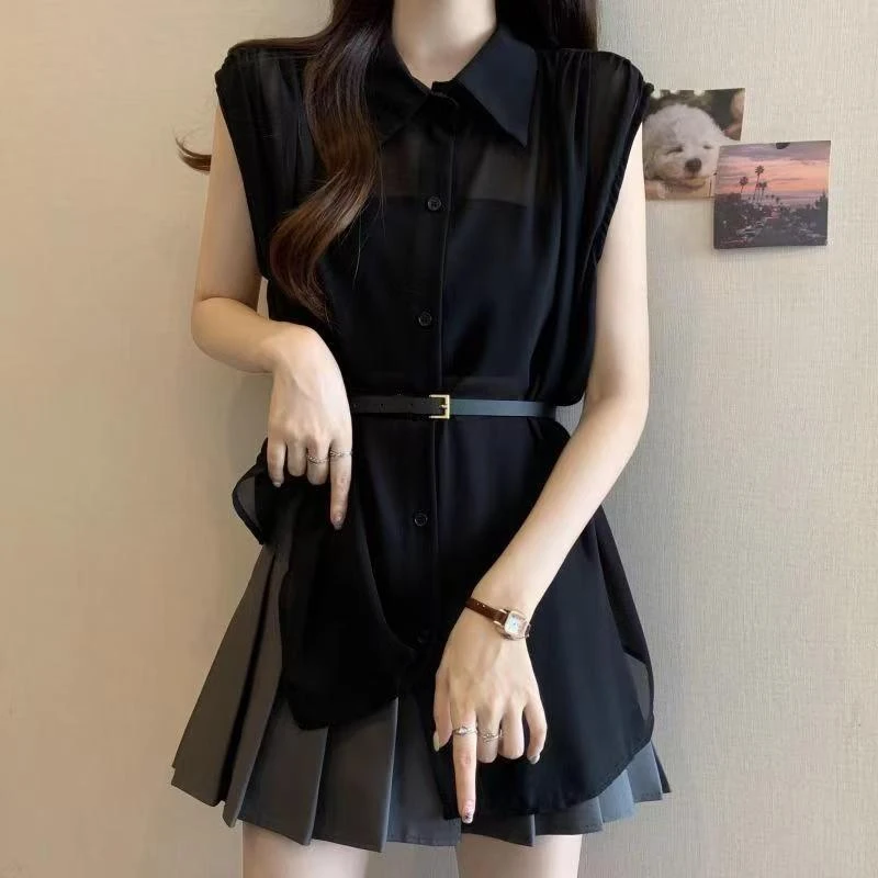 高级感黑色无袖法式雪纺衬衫女装夏季新款胖mm收腰遮肚中长款上衣
