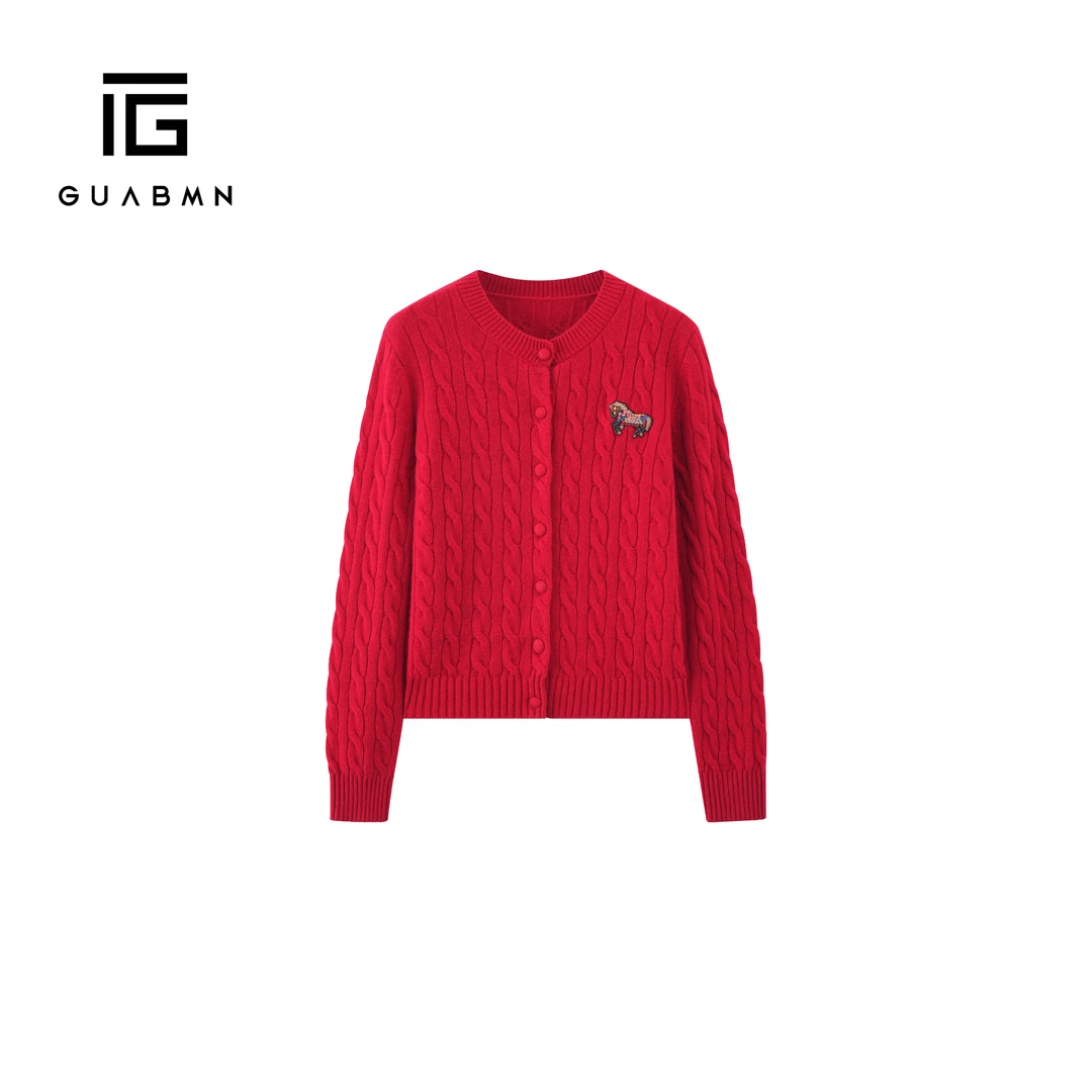 GUABMN2025冬季新款生肖马年红色刺绣圆领针织衫开衫宽松毛衣6098
