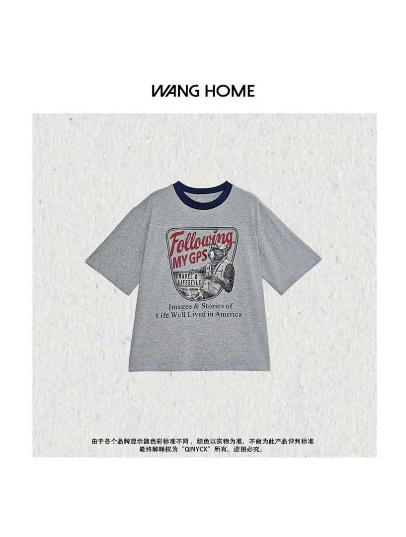 QINY CX-字母小熊T 美式复古高品质圆领卡通印花T恤 不包邮