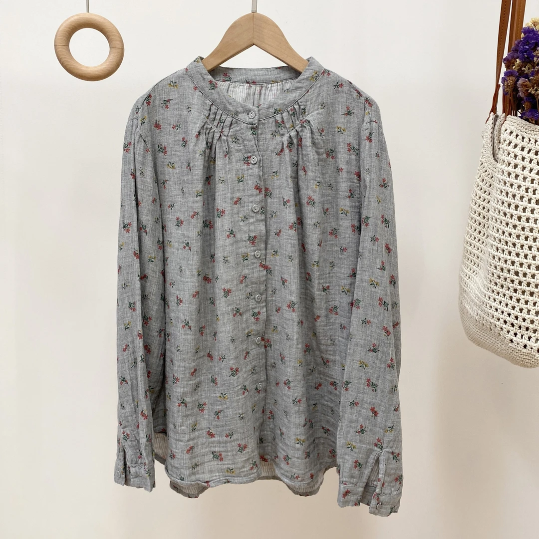 【立领粉黄小碎花长袖棉纱衬衫】4510