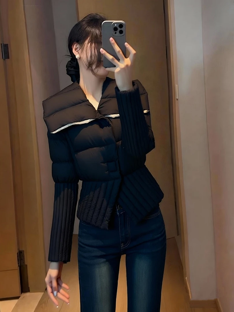 韩系高级感撞色减龄翻领棉服女2025冬季新款法式气质百搭保暖外套