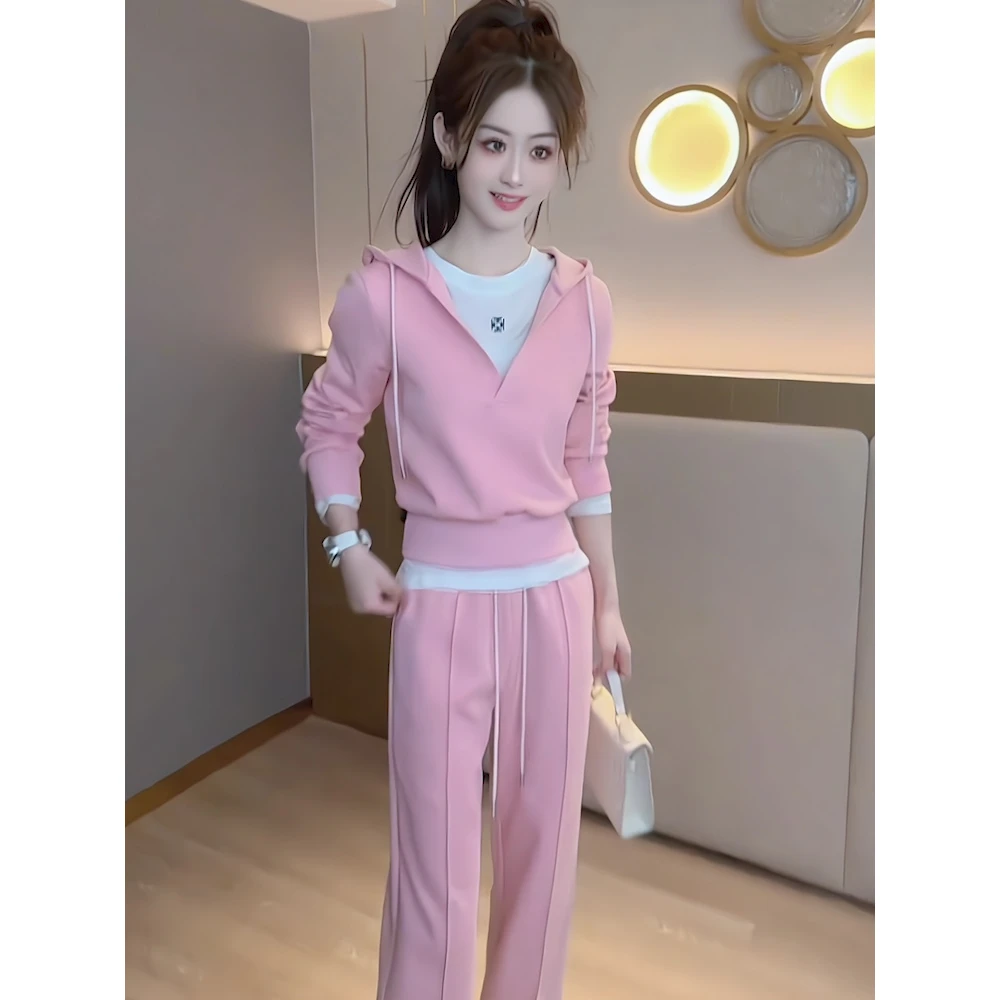 网红炸街休闲运动套装女春秋新款气质显瘦假两件卫衣卫裤两件套潮