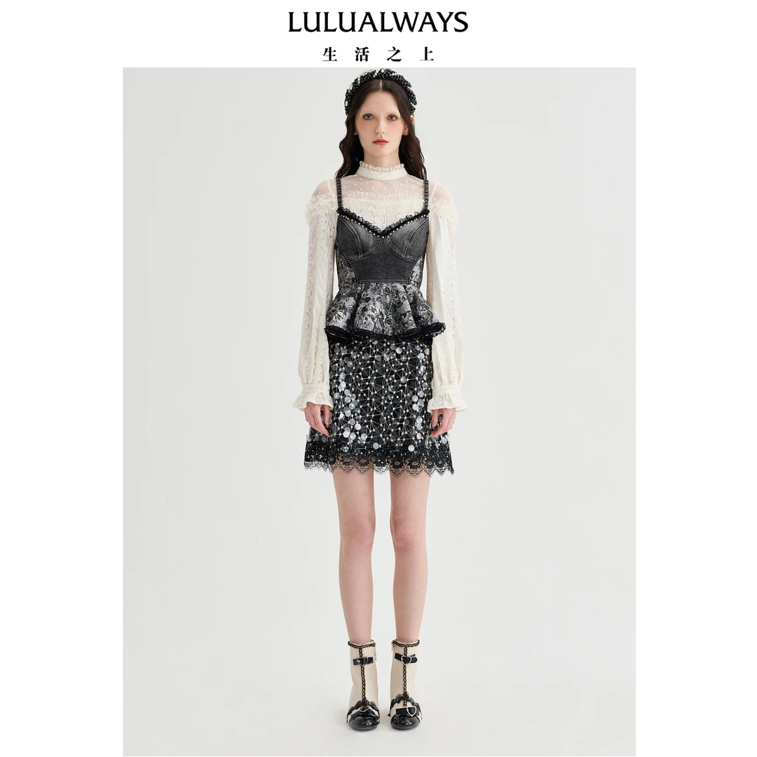 LULUALWAYS【商场同款】25春季新款原创小众设计牛仔提花拼接吊带