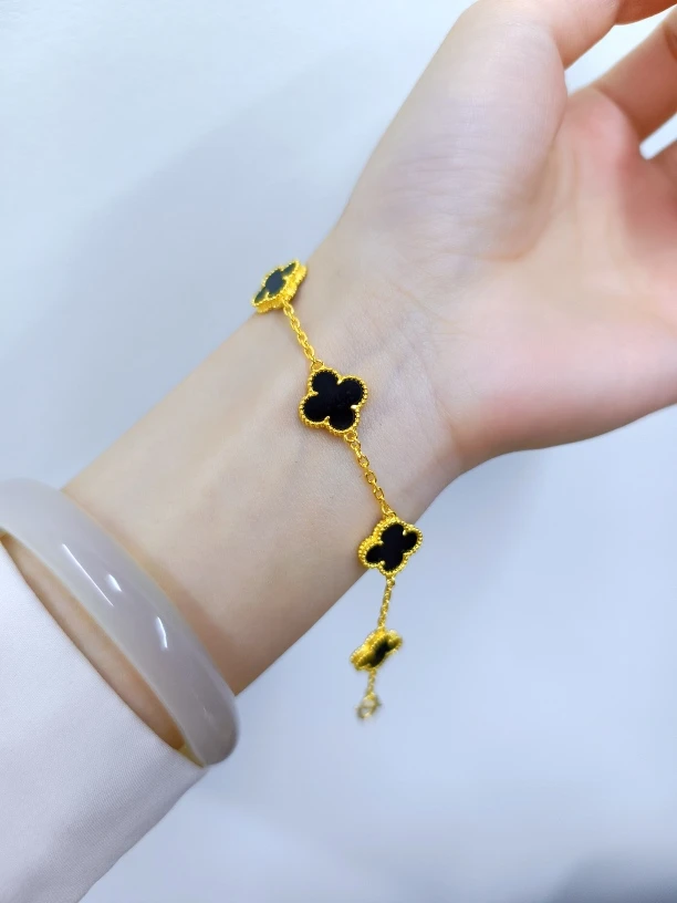 足银手链 足银黑色四叶草手链百搭简约时尚气质轻奢明星同款饰品