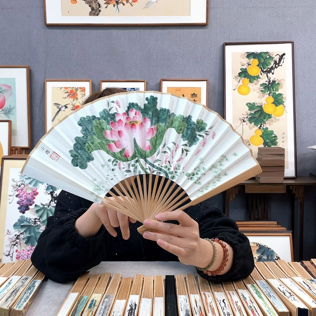 国画8寸玉竹-纯手绘-文玩扇骨（默认粘好）