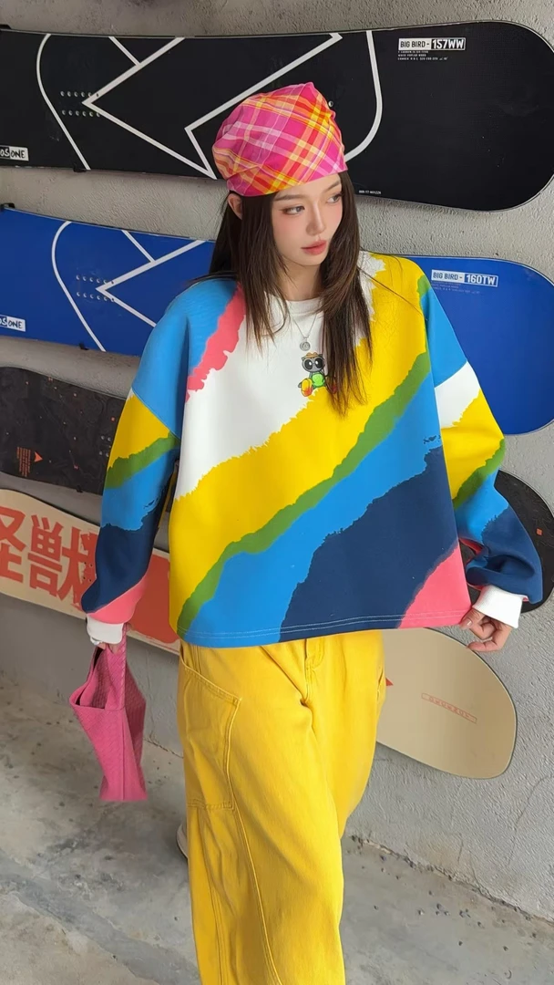宽松大码秋款长袖卫衣彩虹油彩撞色圆领上衣时尚印花百搭闺蜜装潮