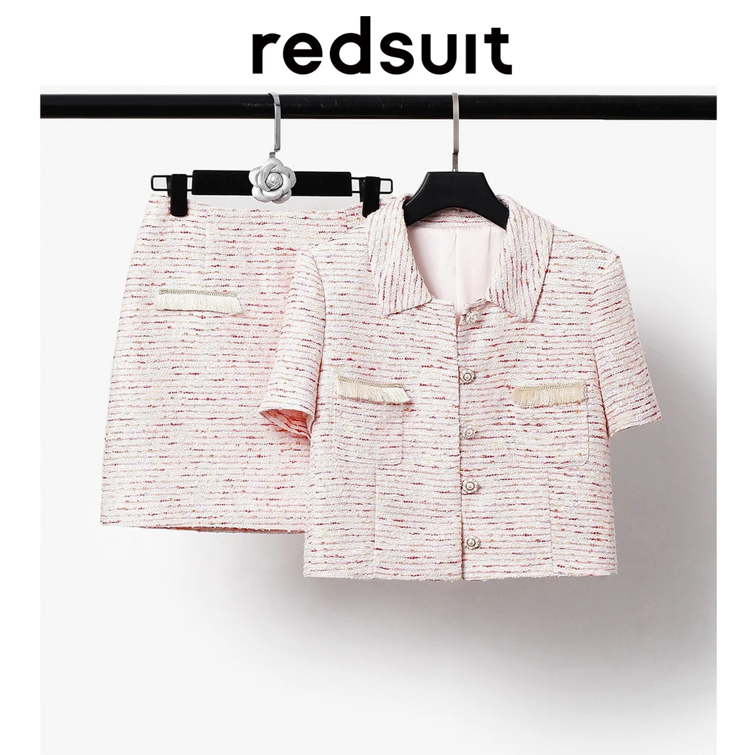 redsuit 甜妹专属~谷优粉轻薄花呢小香风翻领外套+时尚半裙套装