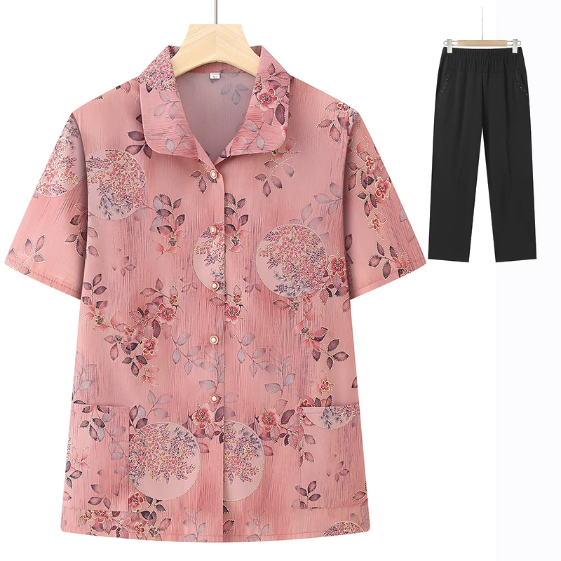 中老年妈妈夏季短袖奶奶装衬衣裤子老人夏装上衣老太太衬衫透气
