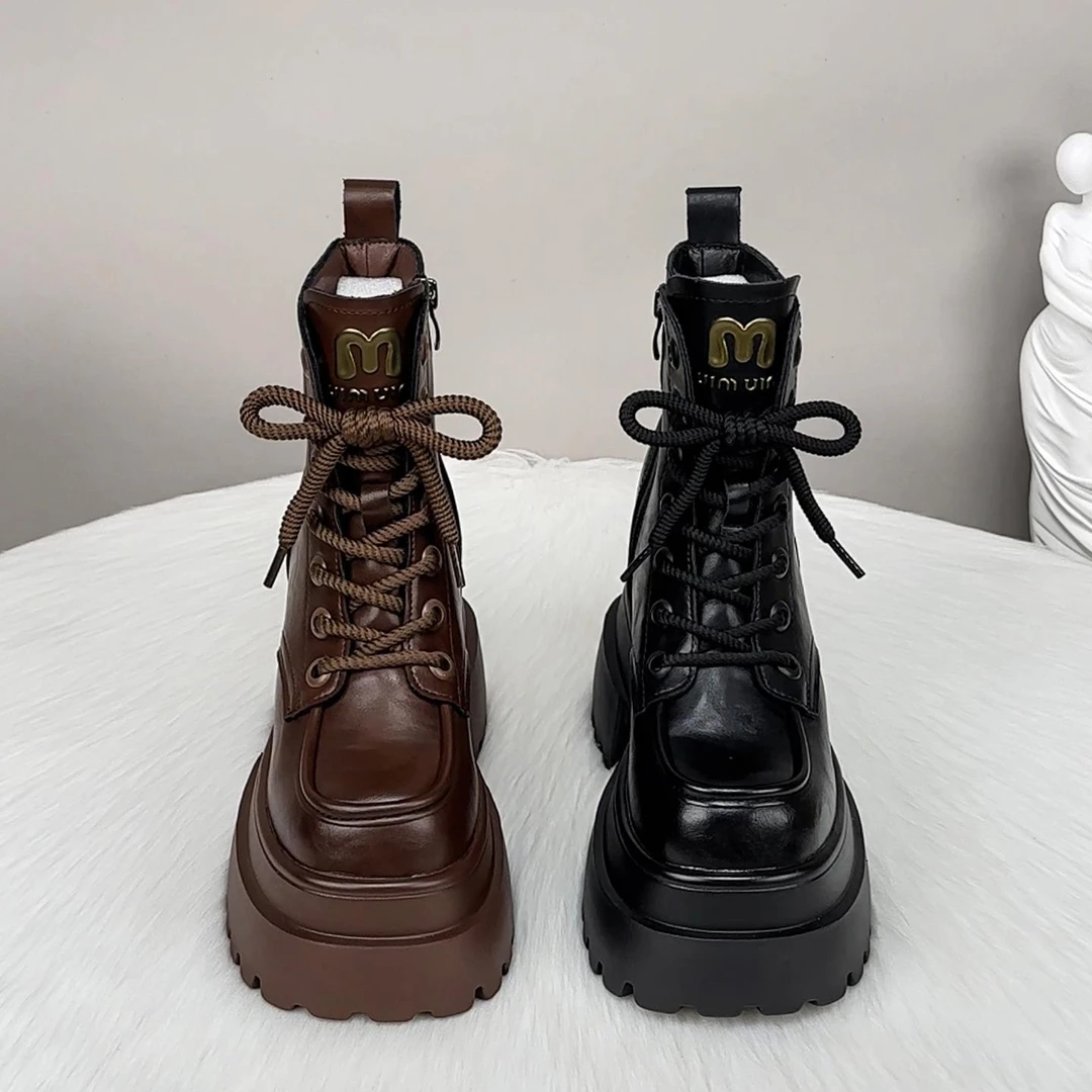 复古真皮12cm内增高马丁靴女2025新款秋冬季网红爆款厚底短靴潮