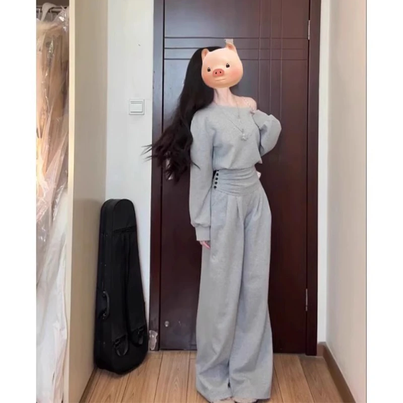 开春穿搭套装2025早春季女装休闲运动灰色斜肩卫衣阔腿裤两件套装