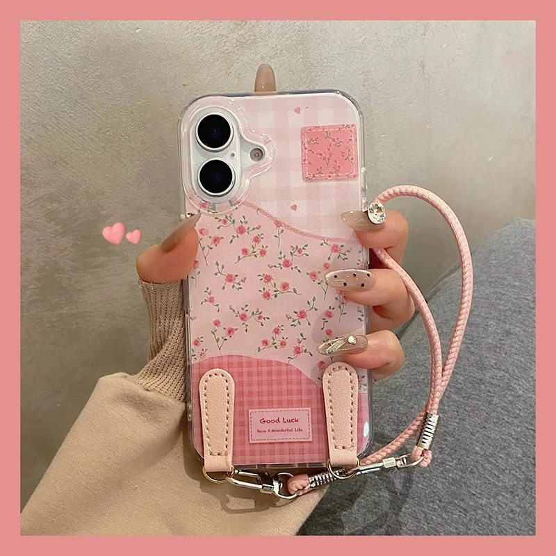 少女格纹碎花适用苹果16手机壳iphone15保护套苹果14带挂绳13新款
