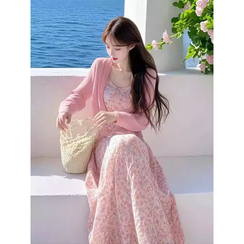 M1739#秋季法式气质时尚高级感漂亮独特开衫粉色碎花连衣裙两件套