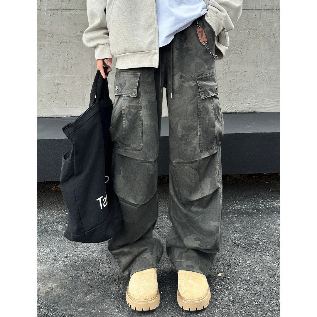 可凡少年【迷彩工装裤】莱赛尔天丝青少年高街潮牌春秋加长直筒7701