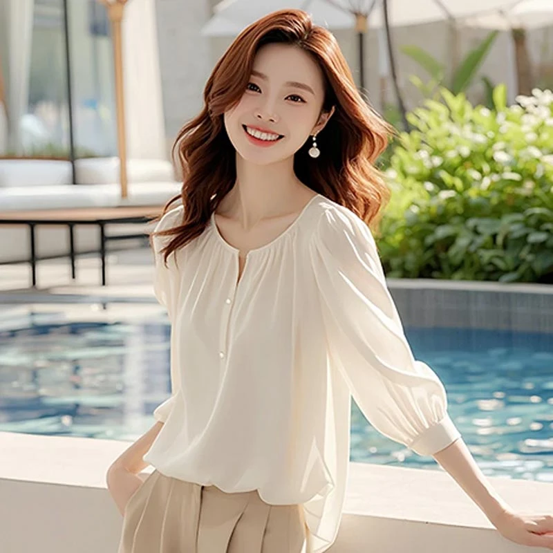 2025夏季新款韩版小清新宽松显瘦七分袖雪纺衬衫女高级感百搭上衣