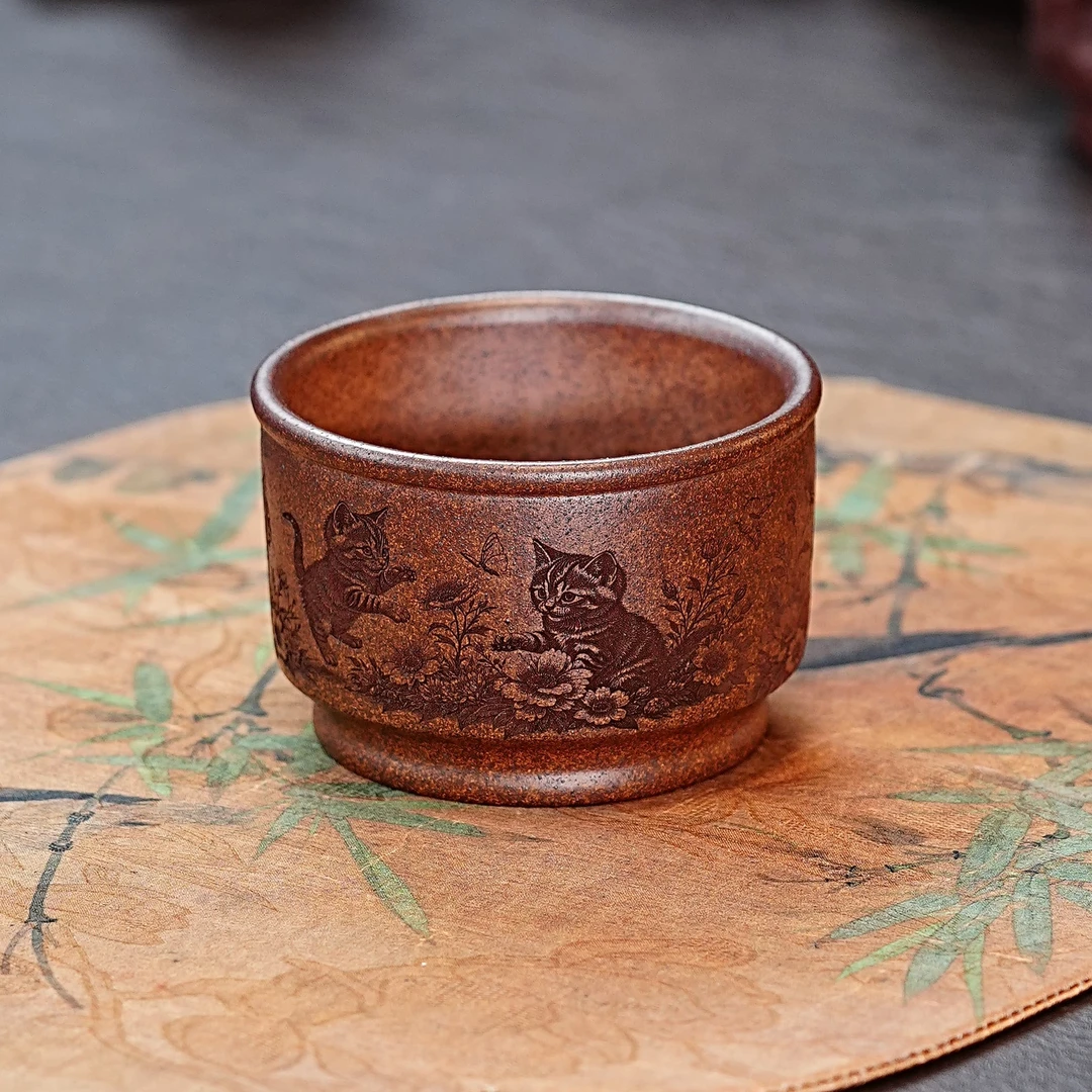 宜兴原矿紫砂全手工柴烧猫咪耄耋创意茶道高端茶具紫砂主人杯