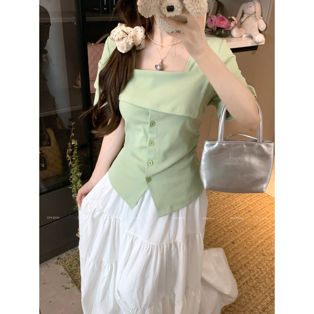 【星星微胖】大码欧若风夏季新款设计感扣子纯色短袖修身显瘦上衣