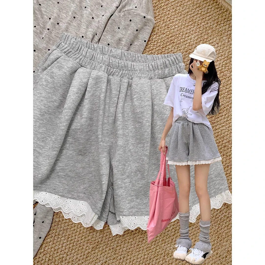 蕾丝花边灰色休闲裤女春夏季短裤高腰显瘦阔腿裤小个子a字直筒裤
