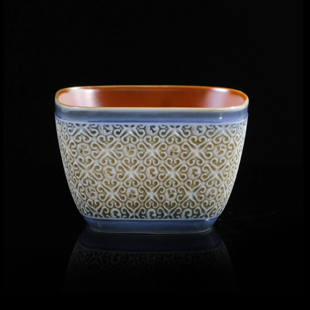 【柴房丨央网】重工雕刻蓝底雕刻四方杯限量款 随缘发柴烧每只不同